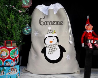Personalised Embroidered Large Grey Christmas Santa Sack With Reindeer, Penguin, Snowman, Santa Jumbo Xmas Stocking | Oversized Gift Sack