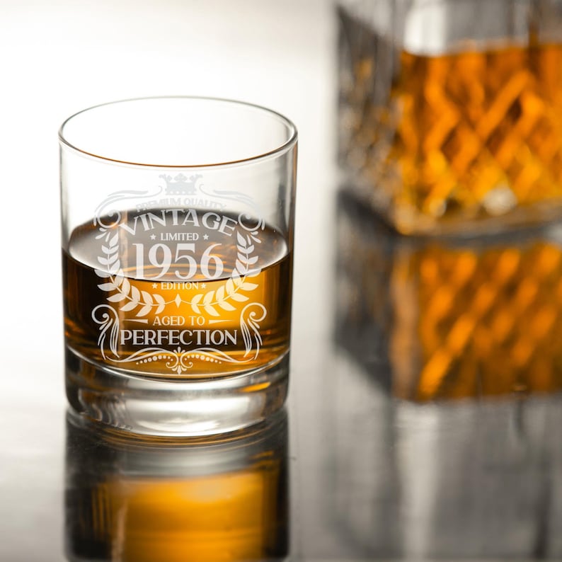 Vintage 1956 Engraved Whiskey Glass - Personalised 70th Birthday Aged to Perfection – 70 Year Gifts Bourbon Scotch Whisky Tumbler or Coaster image 13