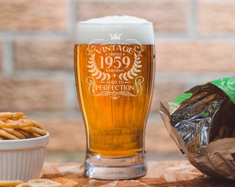 Vintage 1959 Engraved Beer Pint Glass - 65th Birthday Aged to Perfection – 65 Year Old Gifts Beer Cider Lager Tulip Pint Glass & Coaster Set