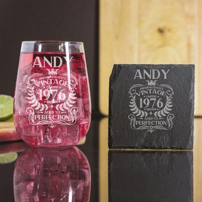 Vintage 1976 Engraved Stemless Gin Glass and/or Coaster Personalised 50th Birthday Gift Aged to Perfection – Gift for Her 50 Year Old Gifts Glass & Square
