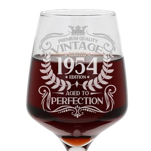 Vintage 1954 Engraved Wine Glass 70th Birthday Aged to Perfection 70 Year Old Gifts Red White Rose Glass & Coaster Set image 2