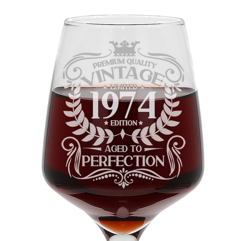 Vintage 1974 Engraved Wine Glass 50th Birthday Aged to Perfection 50 Year Old Gifts Red White Rose Glass & Coaster Set 50th Birthday image 2