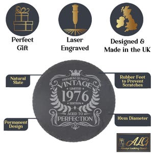 Vintage 1976 Engraved Stemless Gin Glass and/or Coaster Personalised 50th Birthday Gift Aged to Perfection – Gift for Her 50 Year Old Gifts Round Coaster Only