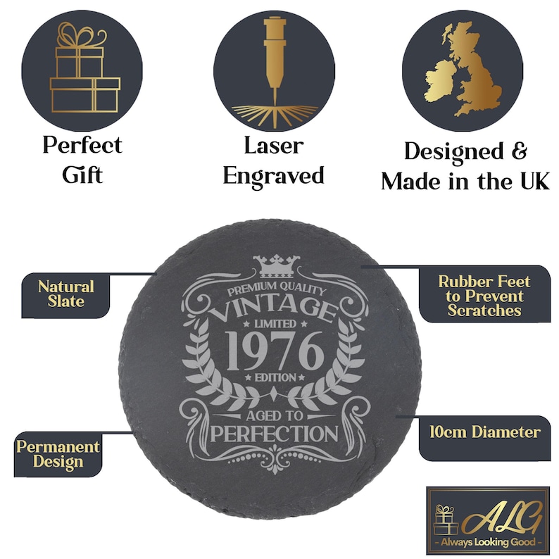 Vintage 1976 Engraved Stemless Gin Glass and/or Coaster Personalised 50th Birthday Gift Aged to Perfection – Gift for Her 50 Year Old Gifts Round Coaster Only