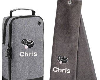 Personalised Embroidered Lawn Bowl Shoe Bag & Towel Set with Name or Initials | Personalised Embroidered Bowler Gift for Him or Her