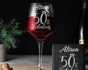 50 and Fabulous Engraved Wine Glass – 50th Birthday Glass – Gifts for 50 Year Old – 50th Birthday Red White Rose Wine Glass and Coaster Set