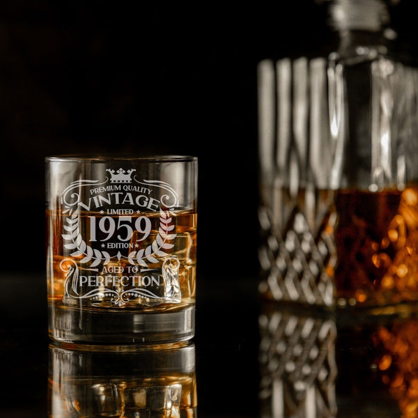 Vintage 1959 gegraveerd whiskyglas - 65e verjaardag tot in de perfectie verouderd - 65 jaar oude geschenken Bourbon Scotch Whisky Tumbler Glass & Coaster Set