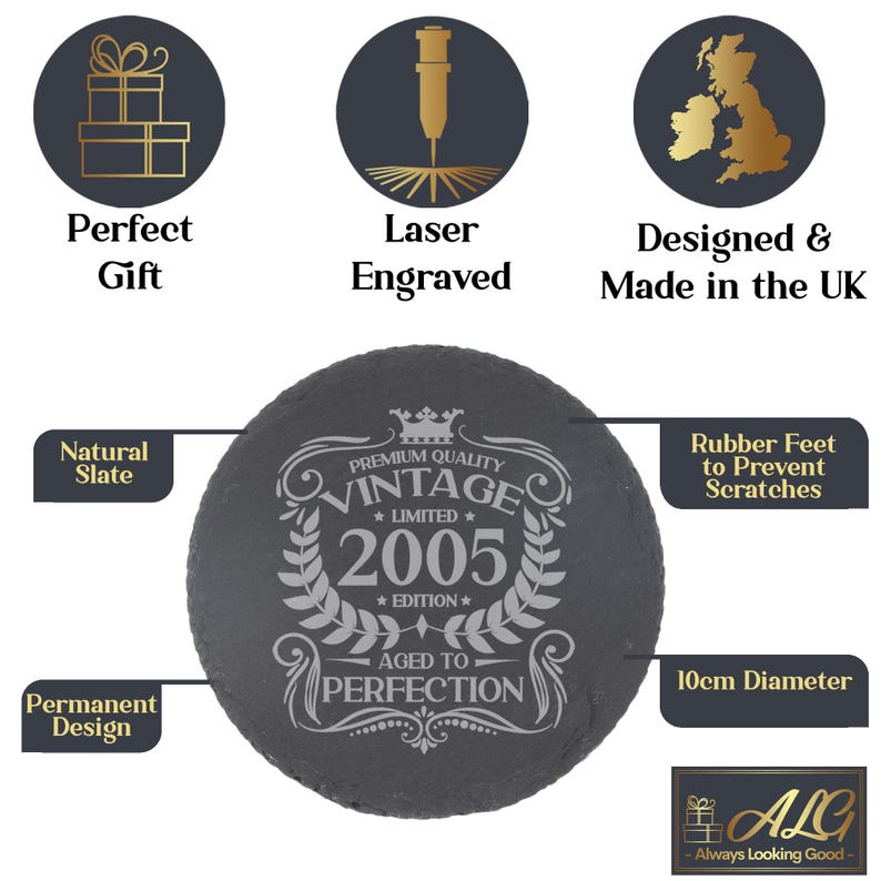 Personalised Vintage 2005 Engraved Whiskey Glass - 21st Birthday Aged to Perfection – 21 Year Old Gifts Bourbon Scotch Whisky Tumbler Glass Round Coaster Only