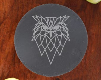 Geometric Owl Owl Birthday Gift Slate Coaster For Birthday Celebrations, Animal Illustration Drinks Coaster, Home Bar Gift