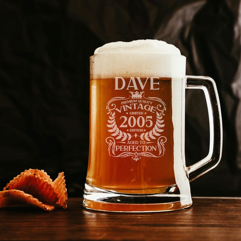 Personalised 21st Birthday Engraved Beer Stein Glass for Him Vintage 2005 Tankard Mug Aged to Perfection – 21 Year Old Gifts Glass & Handle image 18