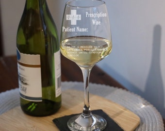 Personalised Engraved Wine Glass and/or Coaster Set | Prescription Wine Novelty Etched Large Or Small Wine Glass Custom Made To Order Gift