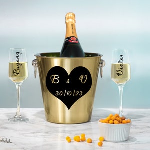 Personalised Heart Design Gold Ice Bucket Optional Matching Champagne Glasses Name and Date Wedding Valentines Engagement Anniversary Gift