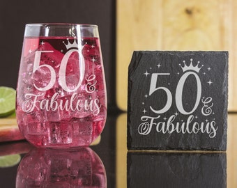 50 and Fabulous Engraved Stemless Gin Glass – 50th Birthday Gin Glass and/or Coaster Set – Gifts for 50 Year Old – Gin Lovers Gifts for Her