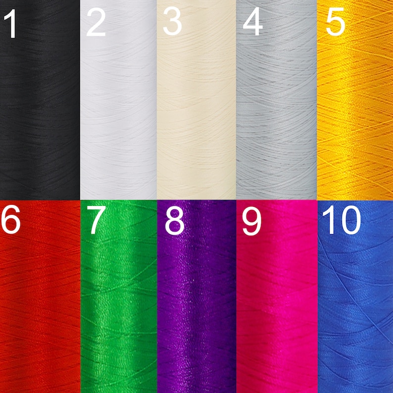 May include: Ten spools of thread in various colors, including black, white, cream, gray, yellow, red, green, purple, pink, and blue. The spools are numbered 1 through 10.