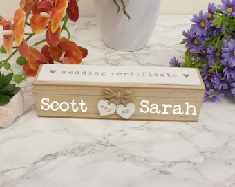 Personalised Wedding Certificate Box Gift Mr and Mrs Wooden Hearts Marriage Certificate Holder | Customised Wedding Gift for Couples