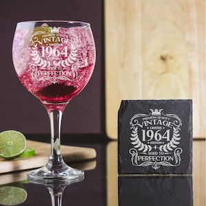 Vintage 1964 Engraved Gin Glass and/or Coaster 60th Birthday Gift Aged to Perfection – Gin Lovers – 60 Year Old Gifts Personalised Gin Glass