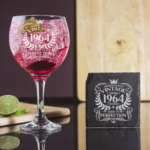 Vintage 1964 Engraved Gin Glass and/or Coaster 60th Birthday Gift Aged to Perfection – Gin Lovers – 60 Year Old Gifts Personalised Gin Glass