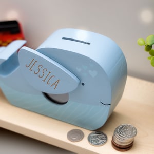 Personalised Engraved Lion Money Box Bank Kids Savings Pocket Money Piggy Bank Wooden Animal Money Box Gift for Babies and Children Whale