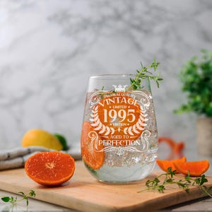 Vintage 1995 Engraved Stemless Gin Glass and/or Coaster 30th Birthday Gift Aged to Perfection – Gin Lovers Gift for Her – 30 Year Old Gifts