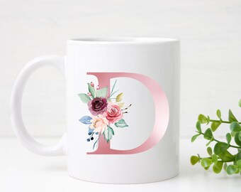 Pink Floral Monogram Mug – Initial Ceramic Coffee Cup, Gift for Her