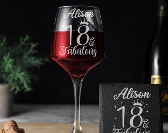 18 & Fabulous Engraved Wine Glass - Personalised 18th Birthday Gift for Her – 18 Year Old Gifts Red White Rose Glass and/or Coaster Set