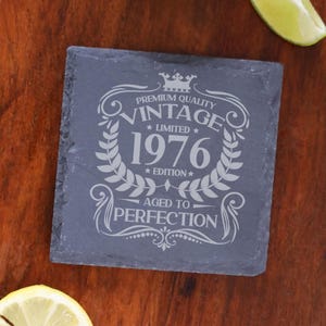 Vintage 1976 Engraved Stemless Gin Glass and/or Coaster Personalised 50th Birthday Gift Aged to Perfection – Gift for Her 50 Year Old Gifts Square Coaster Only