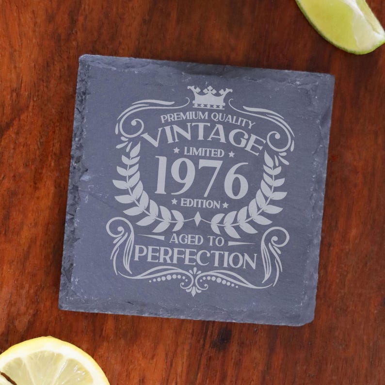 Vintage 1976 Engraved Stemless Gin Glass and/or Coaster Personalised 50th Birthday Gift Aged to Perfection – Gift for Her 50 Year Old Gifts Square Coaster Only