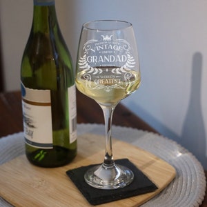 Vintage World's Greatest Grandad Engraved Wine Glass Birthday Gift for Grandad Present for Grandpa, Papa etc Wine Glass &/or Coaster Set