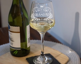 Vintage World's Greatest Grandad Engraved Wine Glass Birthday Gift for Grandad Present for Grandpa, Papa etc Wine Glass &/or Coaster Set