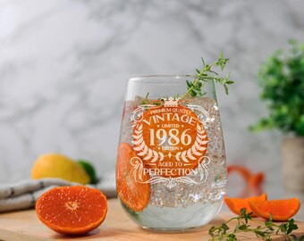 Personalised Vintage 1986 Engraved Stemless Gin Glass and/or Coaster 40th Birthday Gift Aged to Perfection Gin Lovers Gift for Her 40 Years