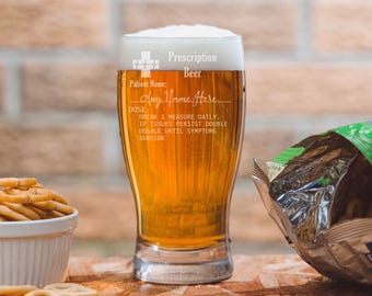 Personalised Engraved Prescription Beer Glass and/or Coaster | Custom Made To Order Pint Glass
