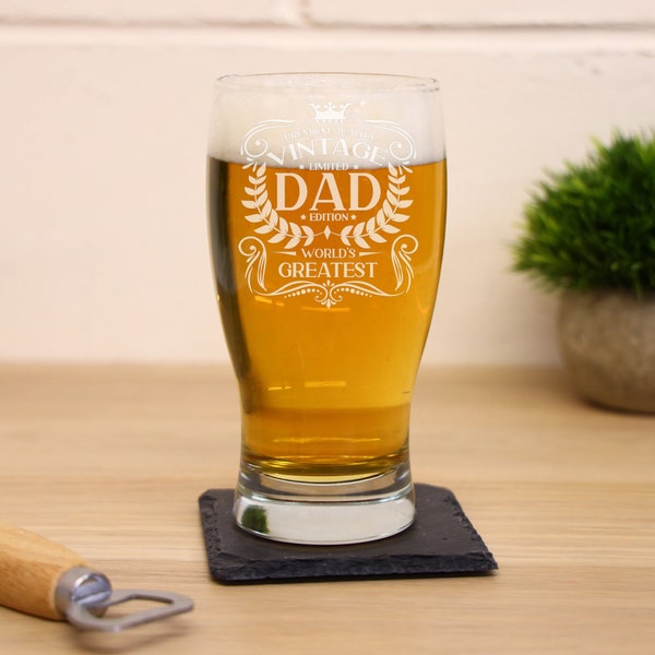 Vintage World's Greatest Dad Engraved Beer Pint Glass Birthday Gift for Dad - Best Dad Ever - Father's Present - Beer Pint Keepsake Gift