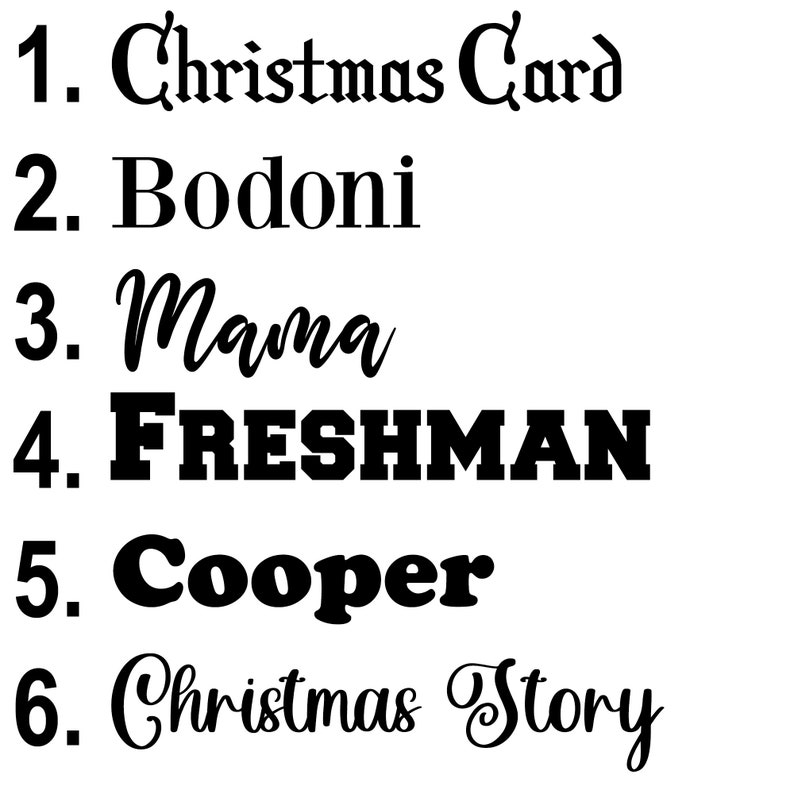 May include: A list of six different font names, numbered 1 through 6. The fonts are: Christmas Card, Bodoni, Mama, FRESHMAN, Cooper, and Christmas Story.