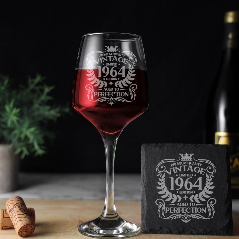 Vintage 1964 Engraved Wine Glass 60th Birthday Aged to Perfection 60 Year Old Gifts Red White Rose Glass & Coaster Set image 1