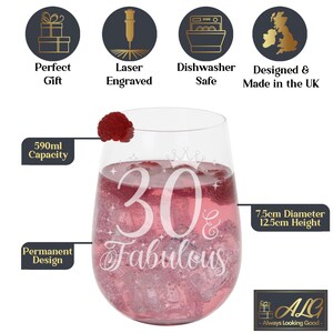 May include: A clear glass wine glass with a laser engraved design that says "30 & Fabulous" with a crown above the 30. The glass is 7.5 inches in diameter and 12.5 inches tall.