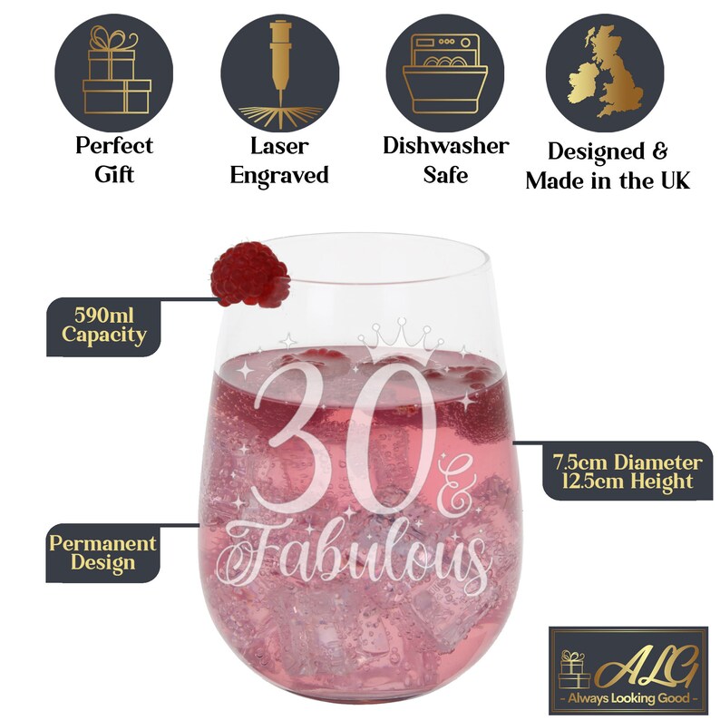May include: A clear glass wine glass with a laser engraved design that says "30 & Fabulous" with a crown above the 30. The glass is 7.5 inches in diameter and 12.5 inches tall.