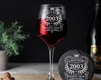 Vintage 2003 Engraved Wine Glass 21st Birthday Aged to Perfection – 21 Year Old Gifts Red White Rose Glass - Twenty One Glass & Coaster Set