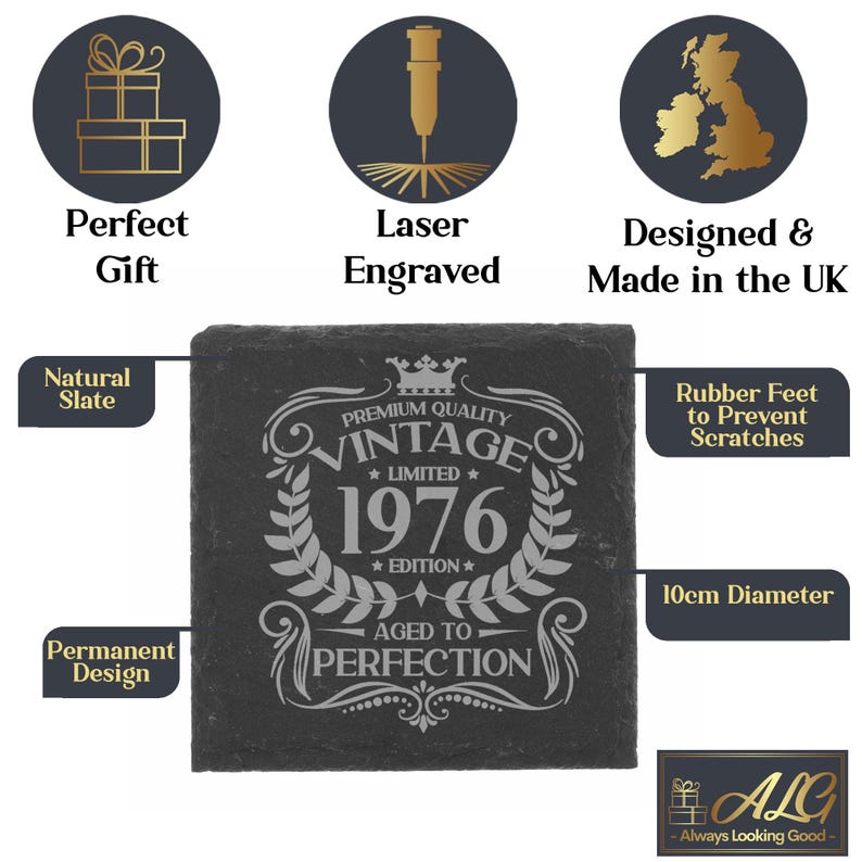 Vintage 1976 Engraved Stemless Gin Glass and/or Coaster Personalised 50th Birthday Gift Aged to Perfection – Gift for Her 50 Year Old Gifts immagine 15