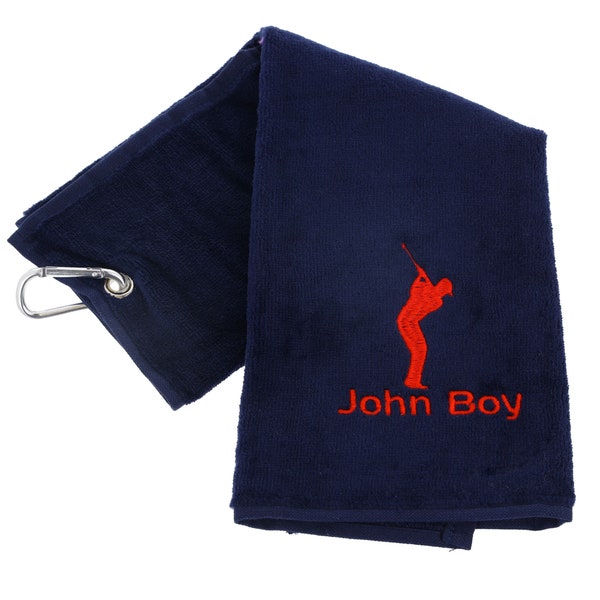 Personalised Golf Towel with Name | Luxury Tri Fold Velour Towel 50cm x 40cm | Embroidered Towel with Carabiner Clip | Unique Golfer Gift