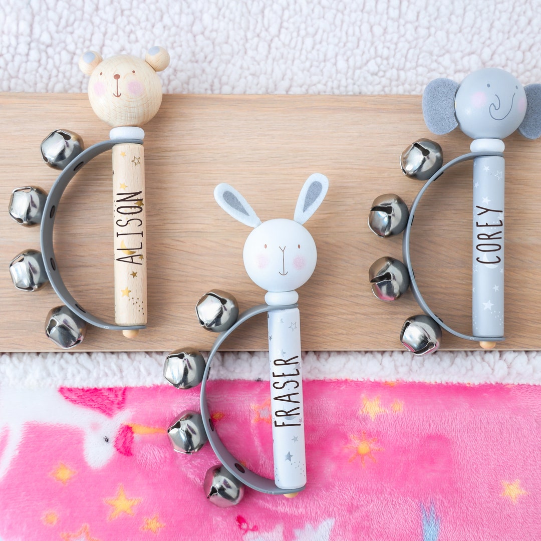 Personalised Jingle Hand Bells | Engraved Wooden Toddlers Rattle Baby ...