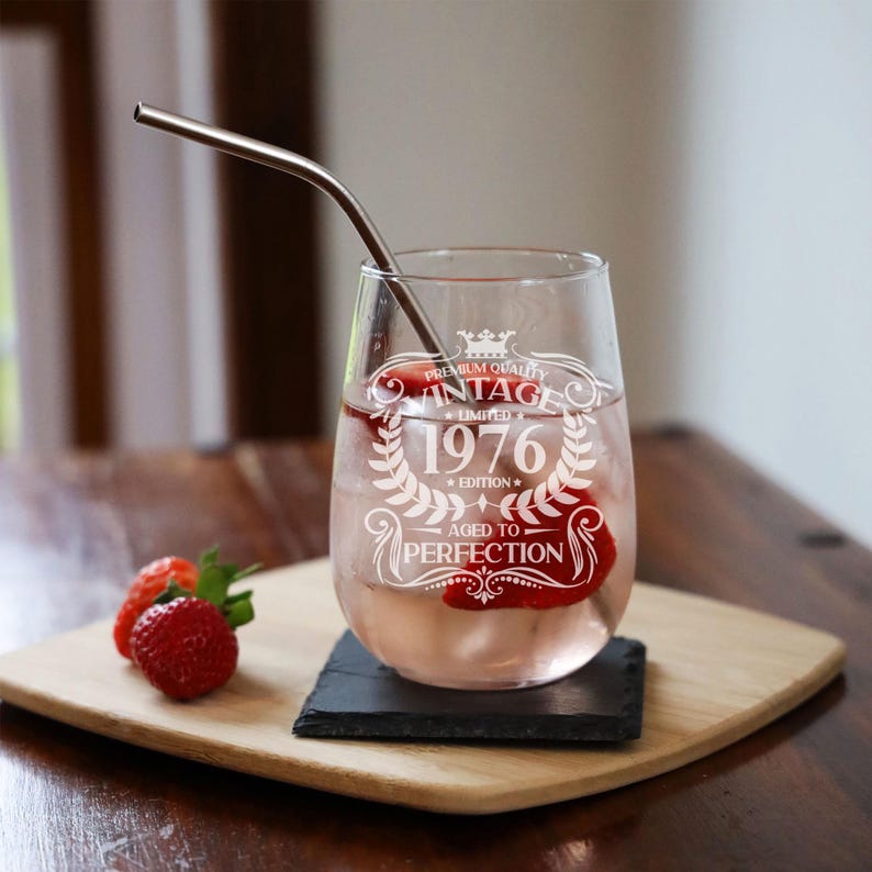 Vintage 1976 Engraved Stemless Gin Glass and/or Coaster Personalised 50th Birthday Gift Aged to Perfection – Gift for Her 50 Year Old Gifts immagine 1