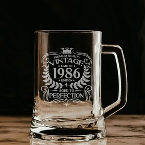 40th Birthday Vintage 1986 Engraved Beer Stein Glass Tankard Mug Aged to Perfection Personalised 40 Year Old Gifts Beer Glass With Handle image 9