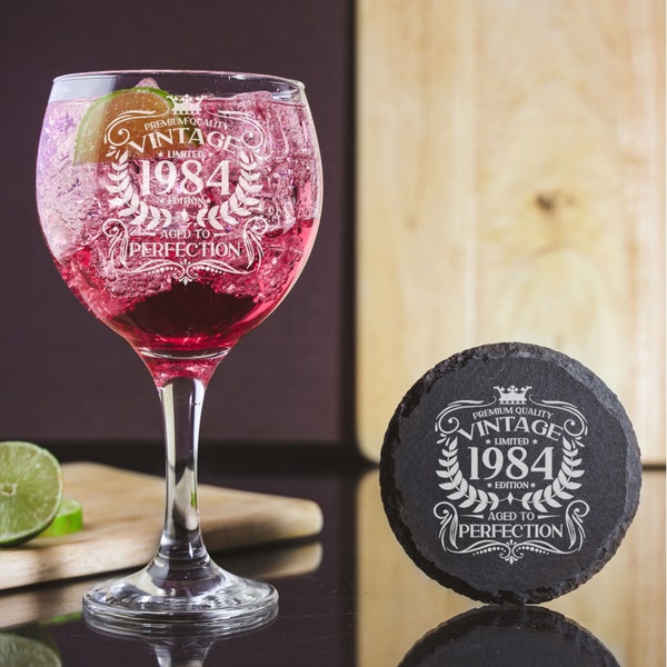 Vintage 1984 Engraved Gin Glass and/or Coaster 40th Birthday Gift Aged to Perfection – Gin Lovers – 40 Year Old Gifts – Balloon Gin Glass