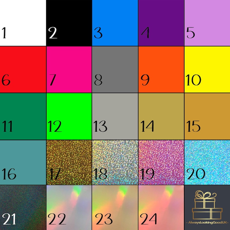 Puede incluir: Una tabla con 24 muestras de color, numeradas del 1 al 24. Las muestras est&aacute;n dispuestas en una cuadr&iacute;cula de 5 columnas y 5 filas. Los colores incluyen rojo, rosa, gris, azul, morado, verde, amarillo, dorado e iridiscente.
