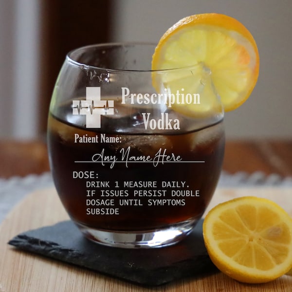 Personalised Engraved Vodka Highball Glass | Prescription Vodka Novelty Etched Tumbler and/or Coaster Custom Glassware Gifts for Birthdays