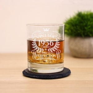 Vintage 1956 Engraved Whiskey Glass - Personalised 70th Birthday Aged to Perfection – 70 Year Gifts Bourbon Scotch Whisky Tumbler or Coaster image 9
