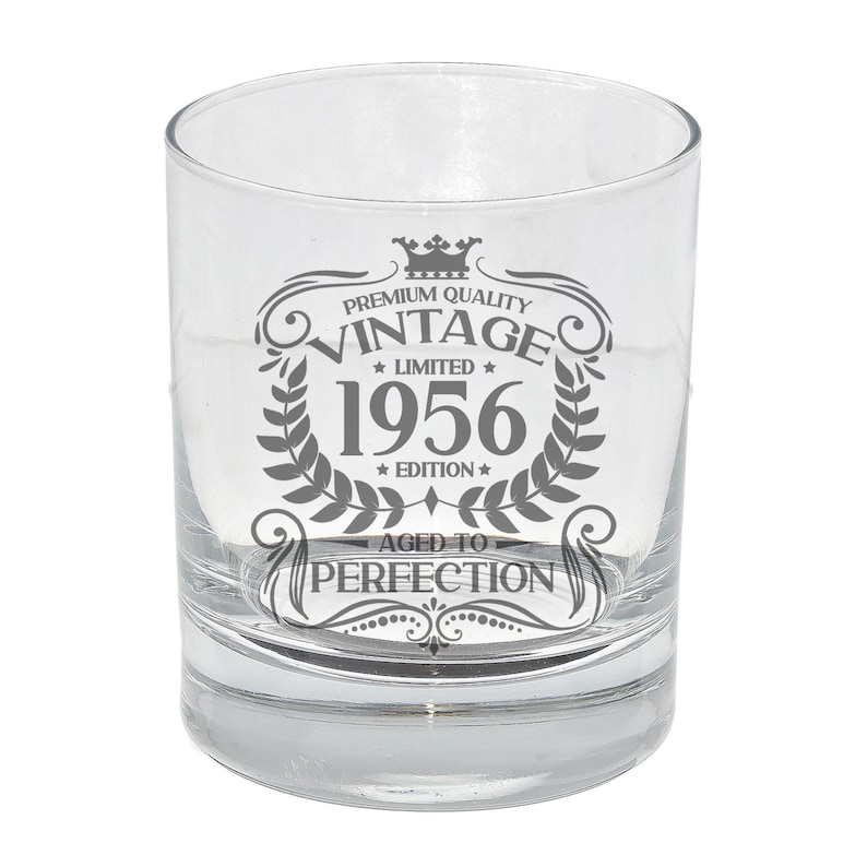 Vintage 1956 Engraved Whiskey Glass - Personalised 70th Birthday Aged to Perfection – 70 Year Gifts Bourbon Scotch Whisky Tumbler or Coaster image 11