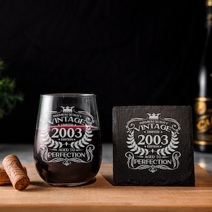 Vintage 2004 Engraved Stemless Gin Glass and/or Coaster 21st Birthday Gift Aged to Perfection – Gin Lovers Gift for Her – 21 Year Old Gifts