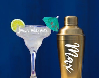 Personalised Gold or Silver Cocktail Shaker & Margarita Cocktail Glass Gift Set | Custom Margarita Glass |  At Home Bar Set with Name