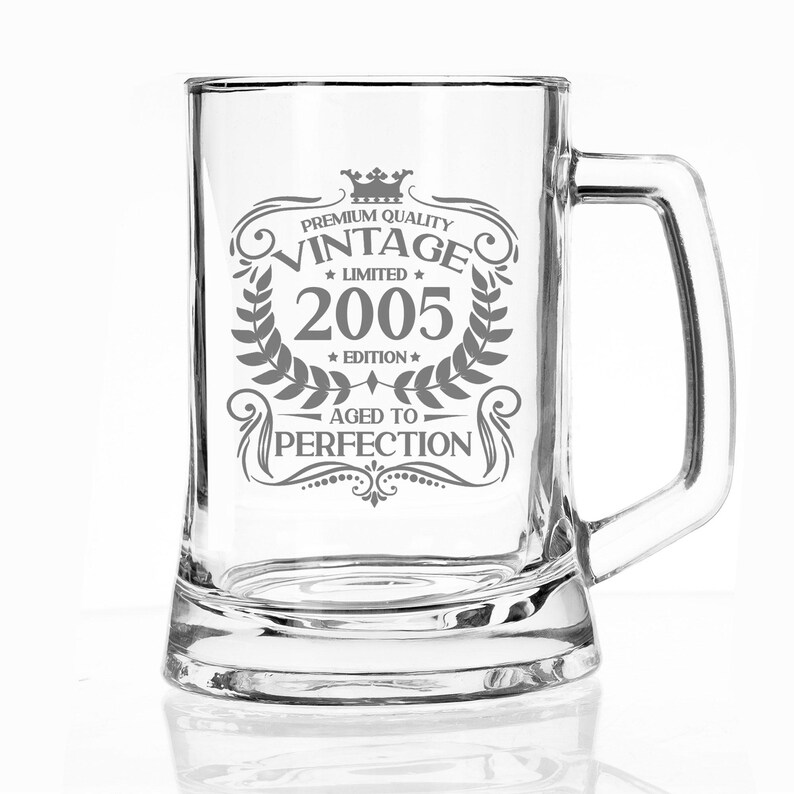Personalised 21st Birthday Engraved Beer Stein Glass for Him Vintage 2005 Tankard Mug Aged to Perfection – 21 Year Old Gifts Glass & Handle image 11